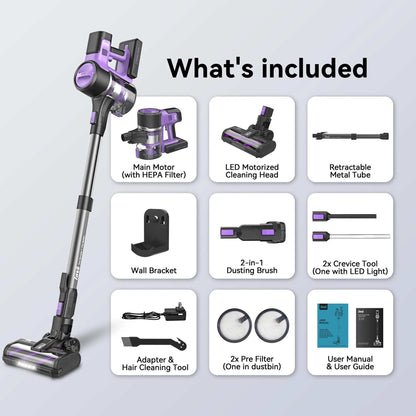 S10 Cordless Vacuum cleaner with motorized brush, retractable tube, LED crevice tools, wall bracket, dusting brush, HEPA filter, and rechargeable battery accessories