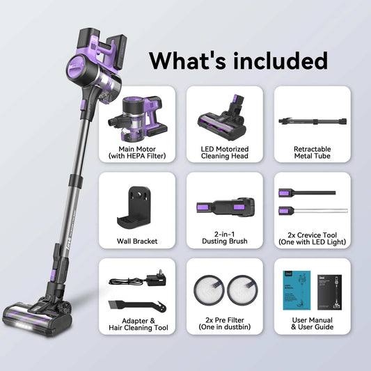 S10 Cordless Vacuum cleaner with motorized brush, retractable tube, LED crevice tools, wall bracket, dusting brush, HEPA filter, and rechargeable battery accessories