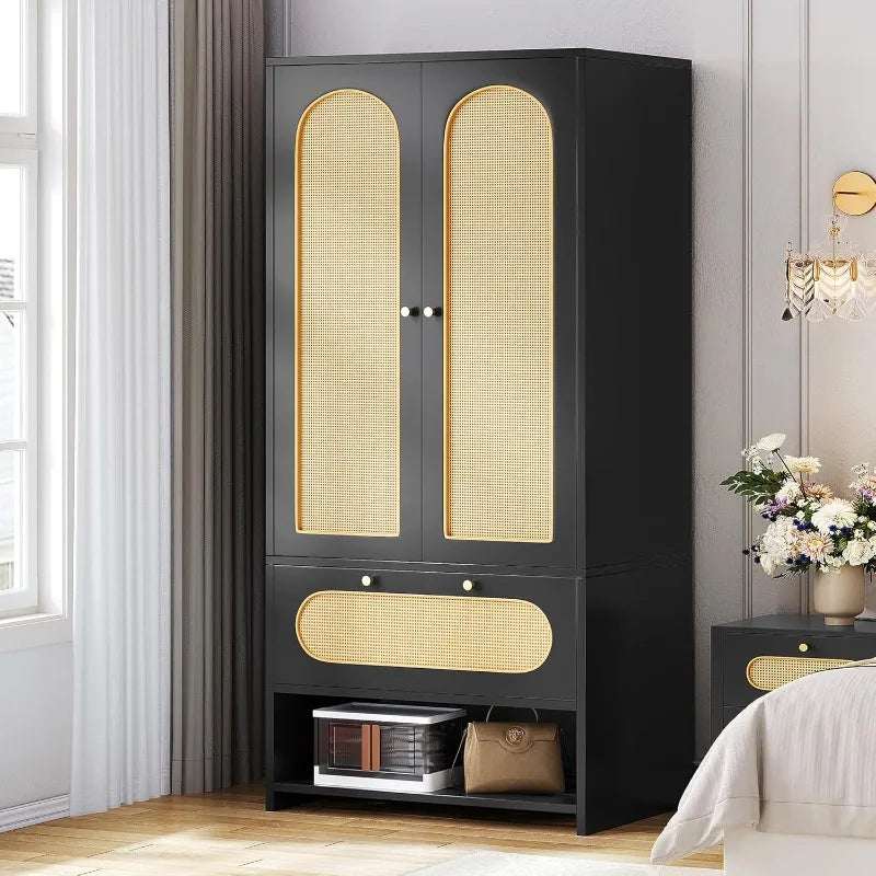 Black rattan armoire wardrobe with double doors, drawer, open storage, and natural woven rattan panels