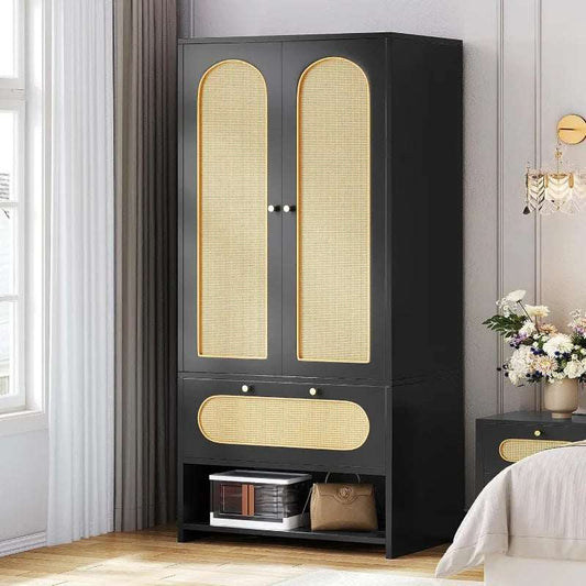 Black rattan armoire wardrobe with double doors, drawer, open storage, and natural woven rattan panels