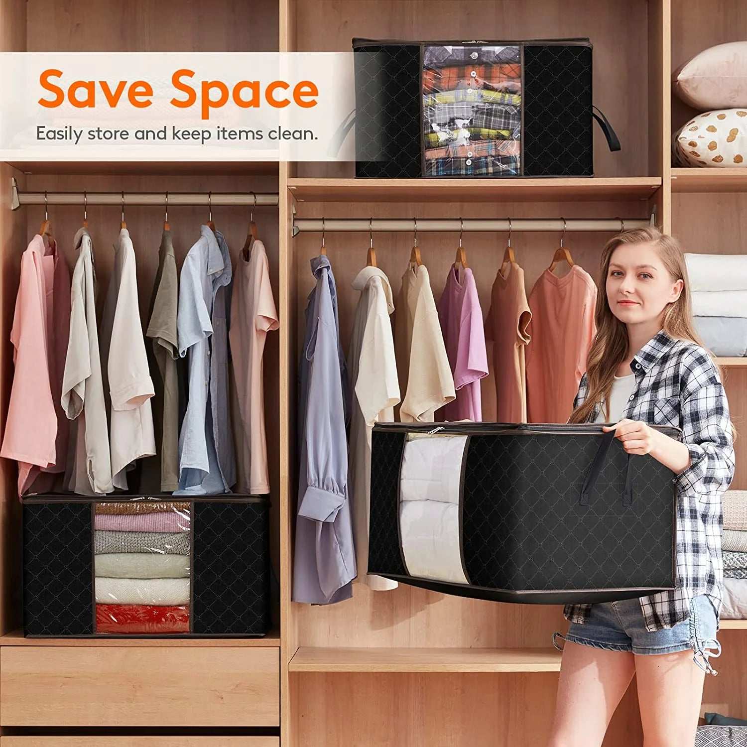 90L Large Storage Bags, 6 Pack Closet Organizers and Storage, Clothes Foldable Storage Black