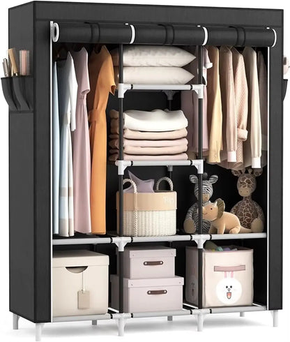 Portable Closet Large Wardrobe Closet Clothes Organizer with 6 Storage Shelves, 2 Hanging Sections 4 Side Pockets