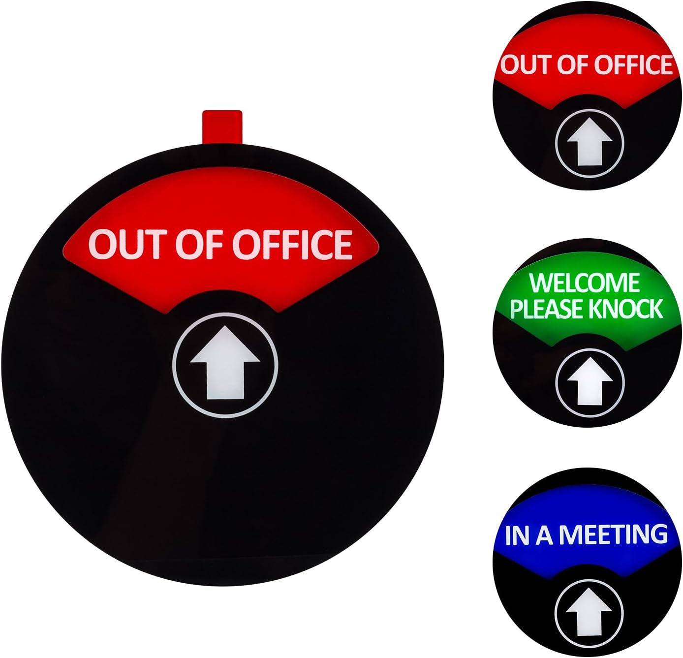 Privacy sign for office with three rotating status options: Out of Office, Welcome Please Knock, and In a Meeting in red, green, and blue backgrounds.