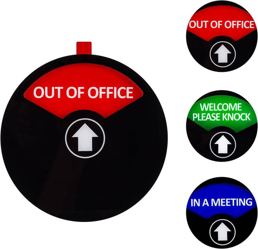 Privacy sign for office with three rotating status options: Out of Office, Welcome Please Knock, and In a Meeting in red, green, and blue backgrounds.