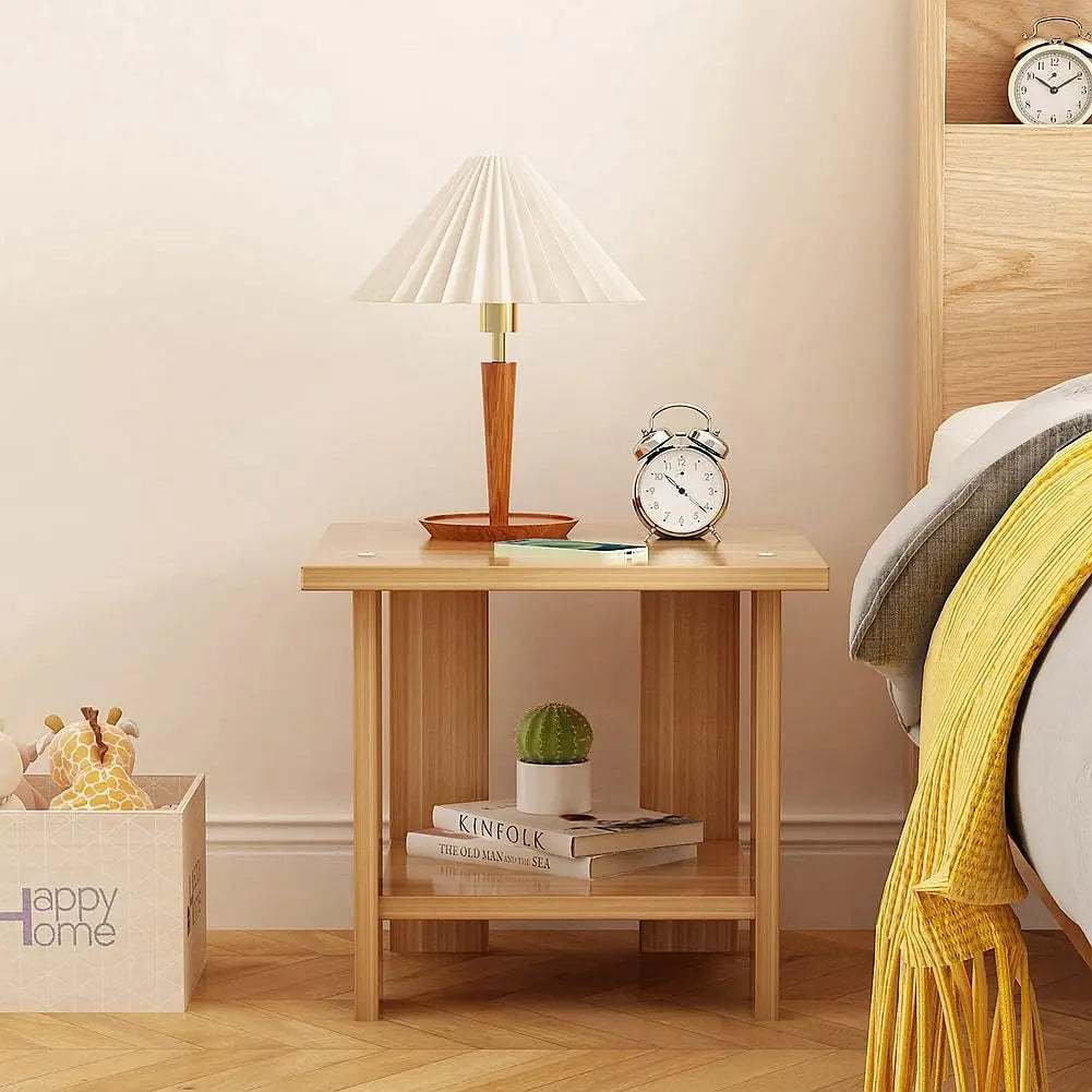 Simple bedside table made of solid wood with double-layer design, featuring a lamp, alarm clock, and books for bedroom or living room use.