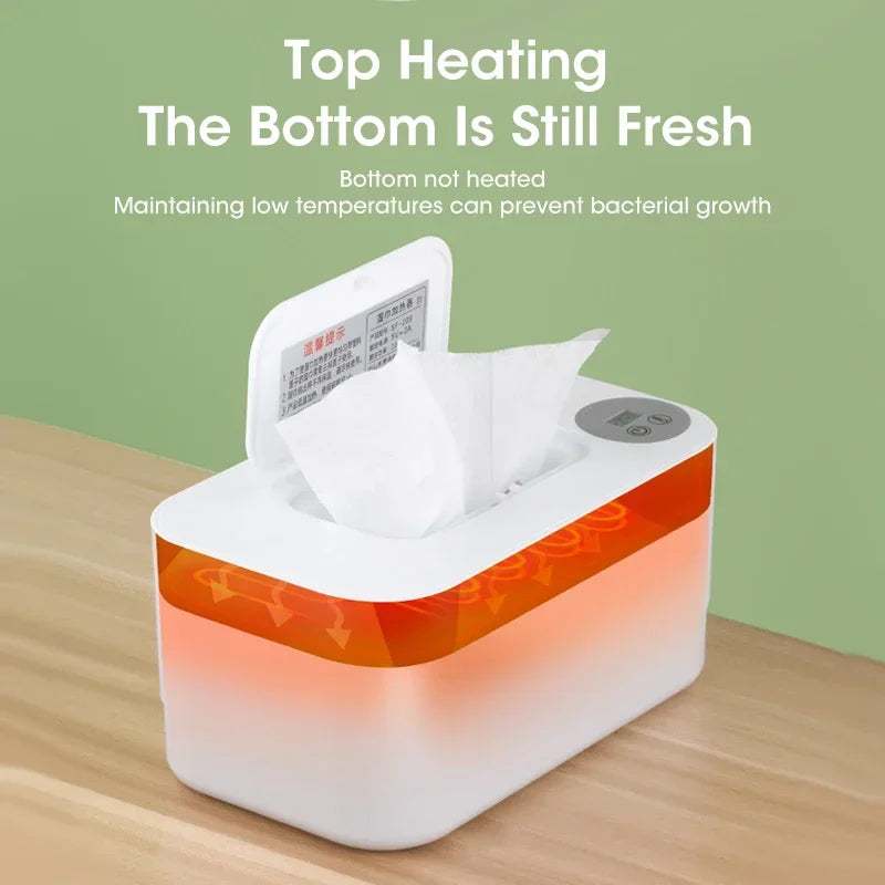 Portable baby wipe warmer with LED display and USB charging, top heating to keep wipes fresh and prevent bacterial growth.