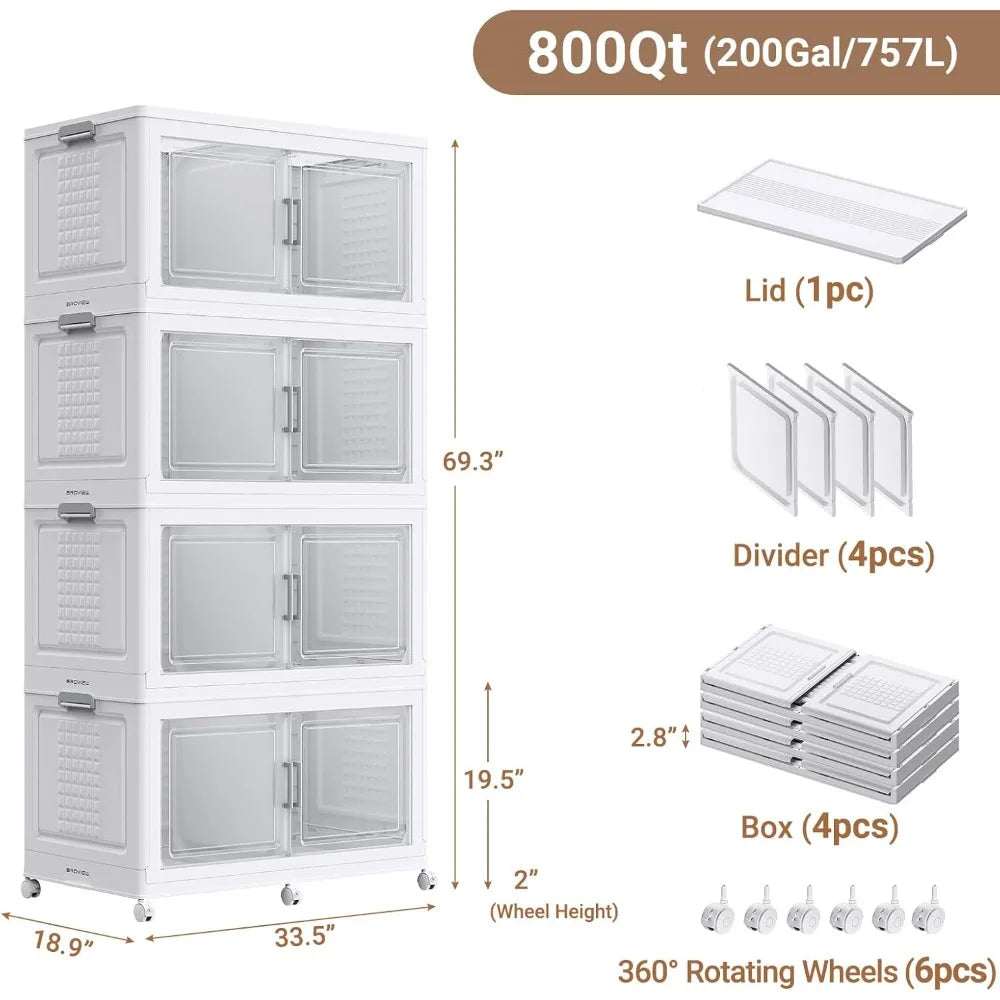 Stackable 200Qt plastic storage bins with clear doors, dividers, lid, and 360° rotating wheels for organized and mobile storage.