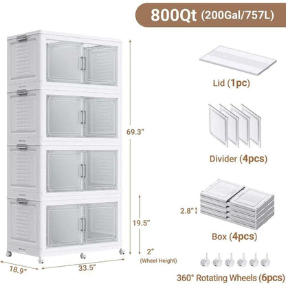 Stackable 200Qt plastic storage bins with clear doors, dividers, lid, and 360° rotating wheels for organized and mobile storage.