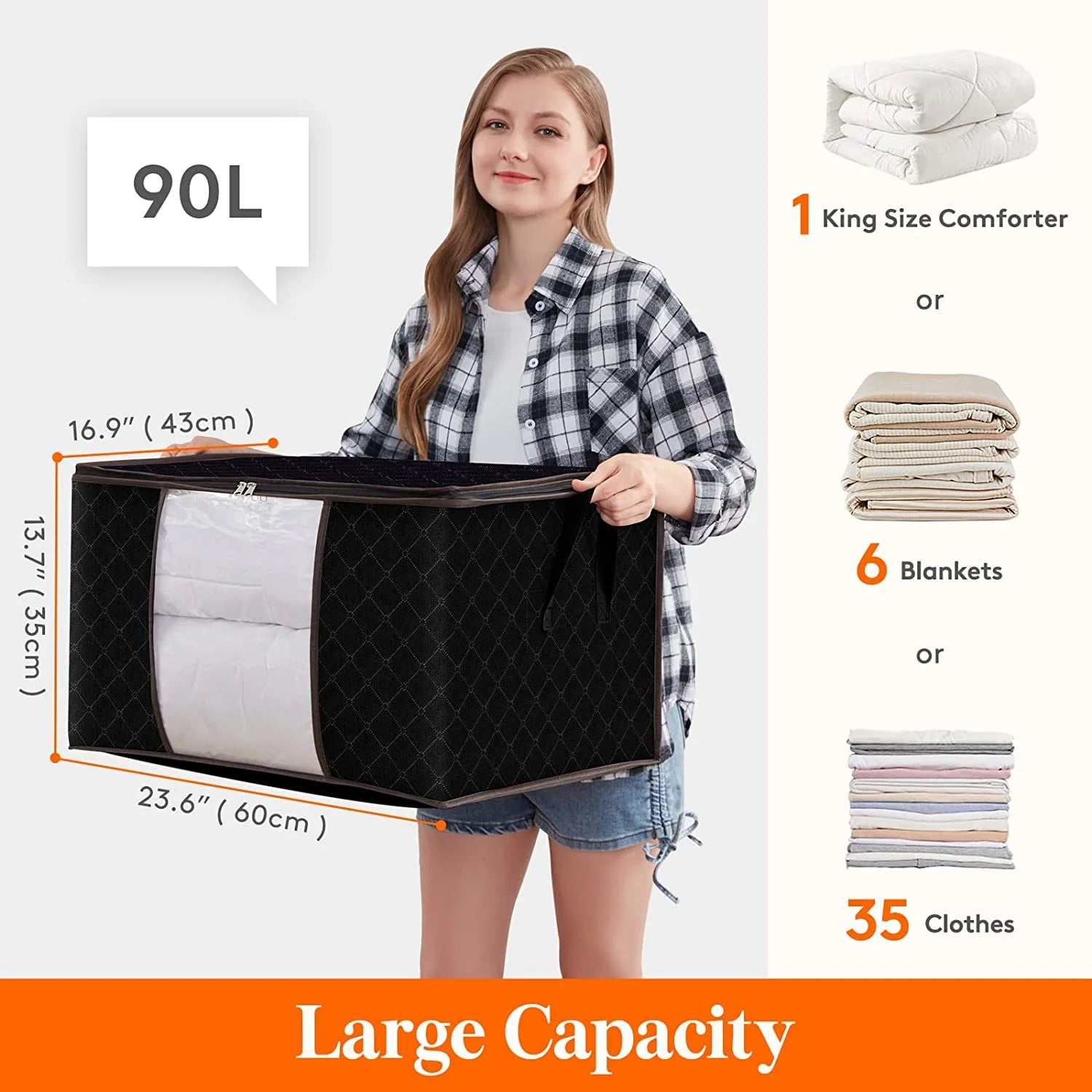 90L Large Storage Bags, 6 Pack Closet Organizers and Storage, Clothes Foldable Storage Black