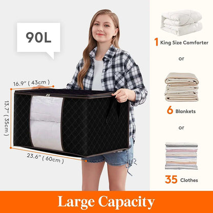 90L Large Storage Bags, 6 Pack Closet Organizers and Storage, Clothes Foldable Storage Black