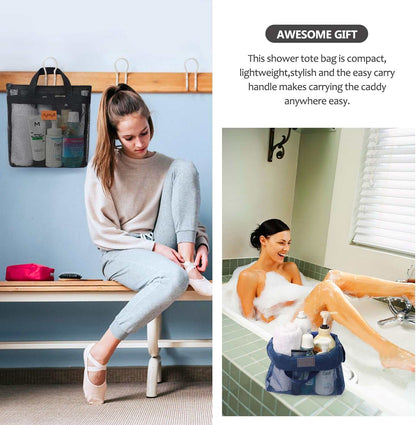2 Pcs Shower Mesh Caddy Bag Quick Dry Hanging Toiletry and Bath Organizer for Travel and Swimming with Zipper (Dark Blue-Black)