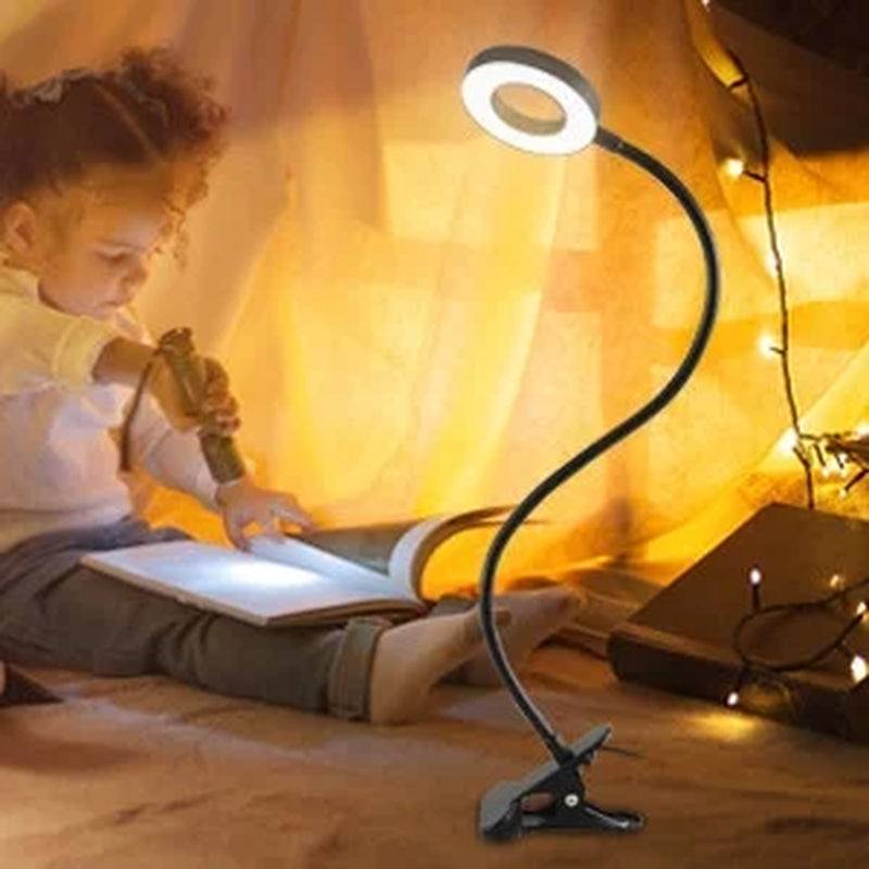 Clip on Light Reading Lights , 48 LED USB Desk Lamp with 3 Color Modes 10 Brightness, Flexible USB Clamp Bedside Lamp, Eye Caring Book Light for Studying/Working/Gaming (Black)