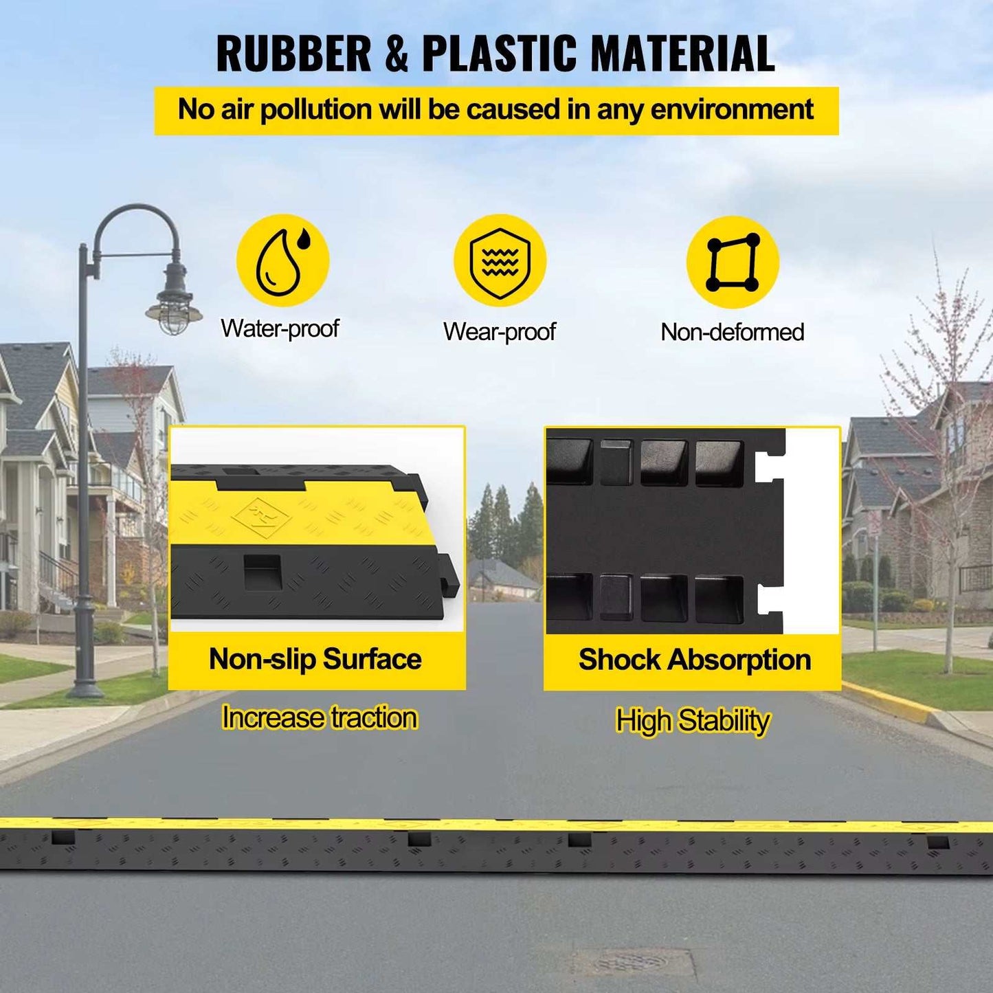 Cable protector ramp with non-slip rubber and PVC surface, two channels, shock absorption, waterproof and wear-proof design for heavy-duty traffic protection.