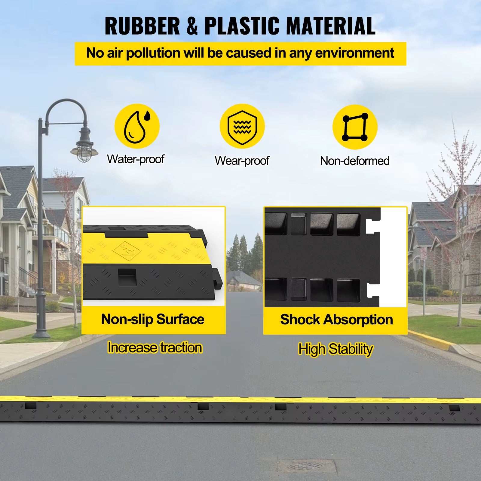 Cable protector ramp with non-slip rubber and PVC surface, two channels, shock absorption, waterproof and wear-proof design for heavy-duty traffic protection.