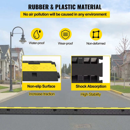 Cable protector ramp with non-slip rubber and PVC surface, two channels, shock absorption, waterproof and wear-proof design for heavy-duty traffic protection.