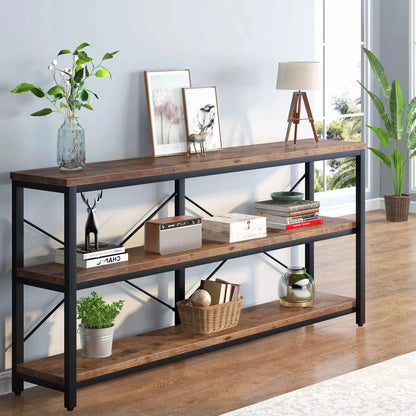 3-Tier Console Table, 70.9" Sofa Table Long Narrow Entryway with Metal Frame