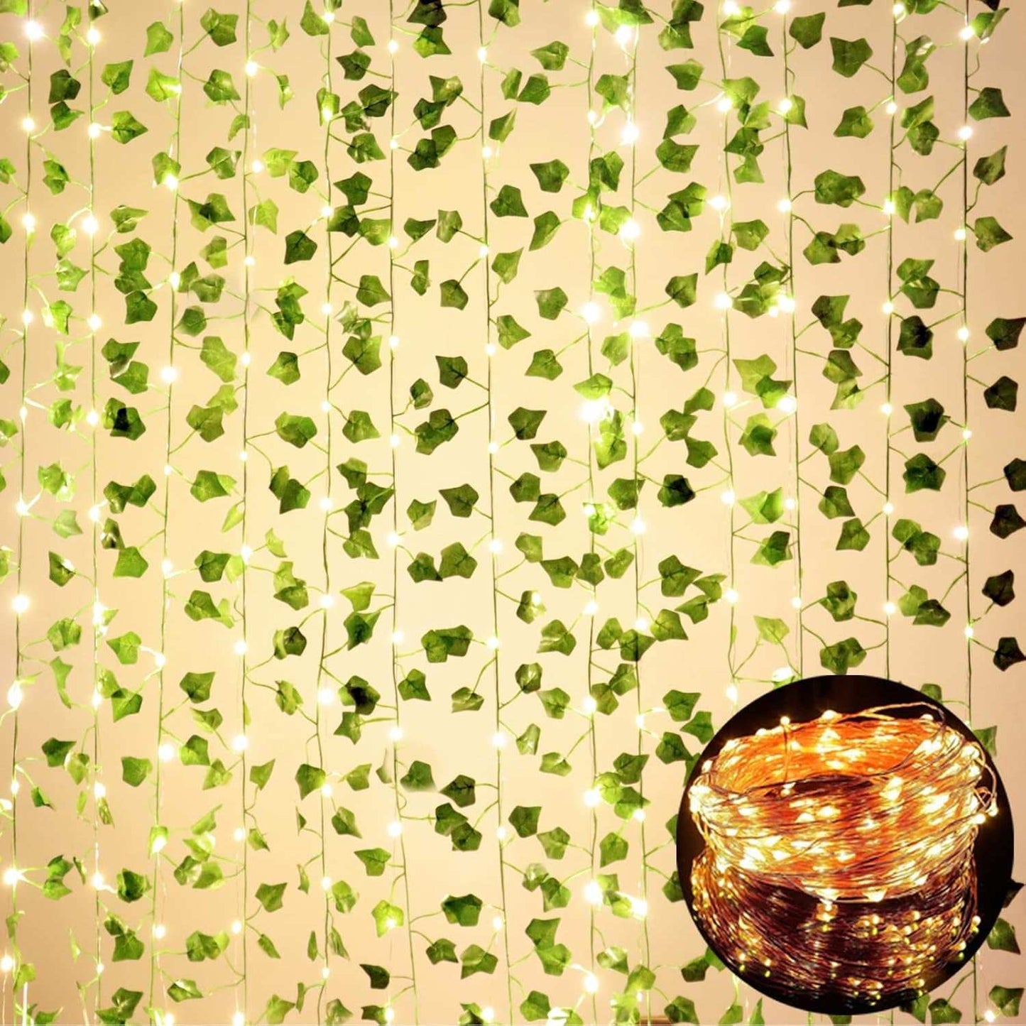 12 pack fake vines with LED string lights hanging for room decor, artificial green ivy leaves on plastic strands creating a natural aesthetic ambiance.