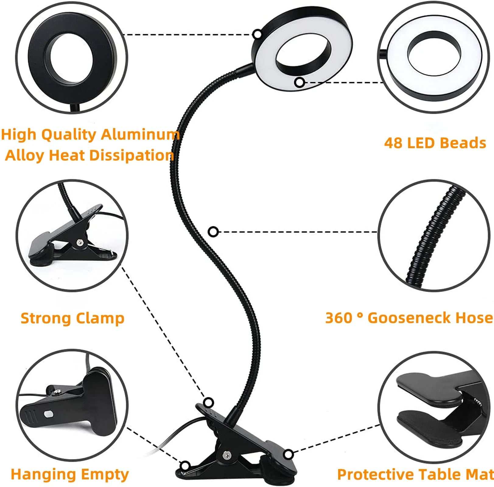Clip on Light Reading Lights , 48 LED USB Desk Lamp with 3 Color Modes 10 Brightness, Flexible USB Clamp Bedside Lamp, Eye Caring Book Light for Studying/Working/Gaming (Black)