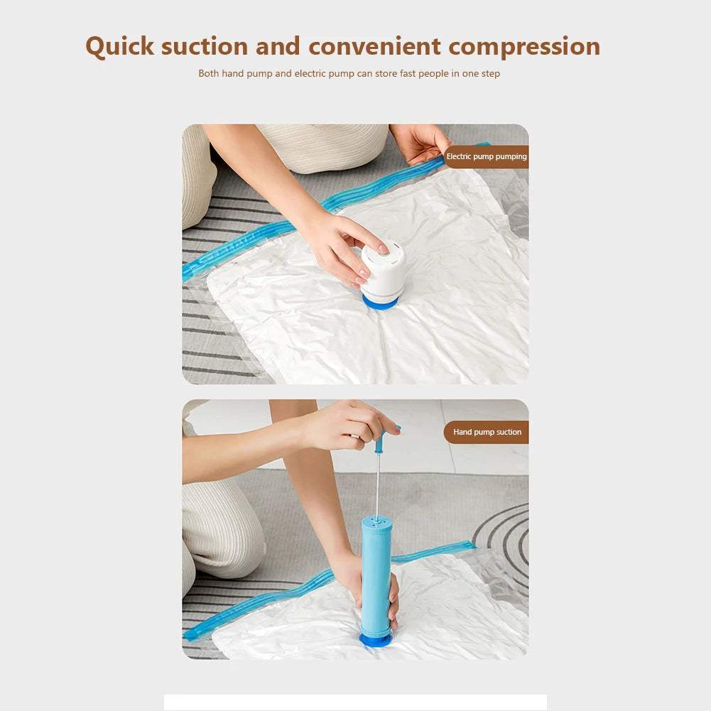 Vacuum compression storage bags with hand pump for quick suction and space-saving storage of clothes and bedding.