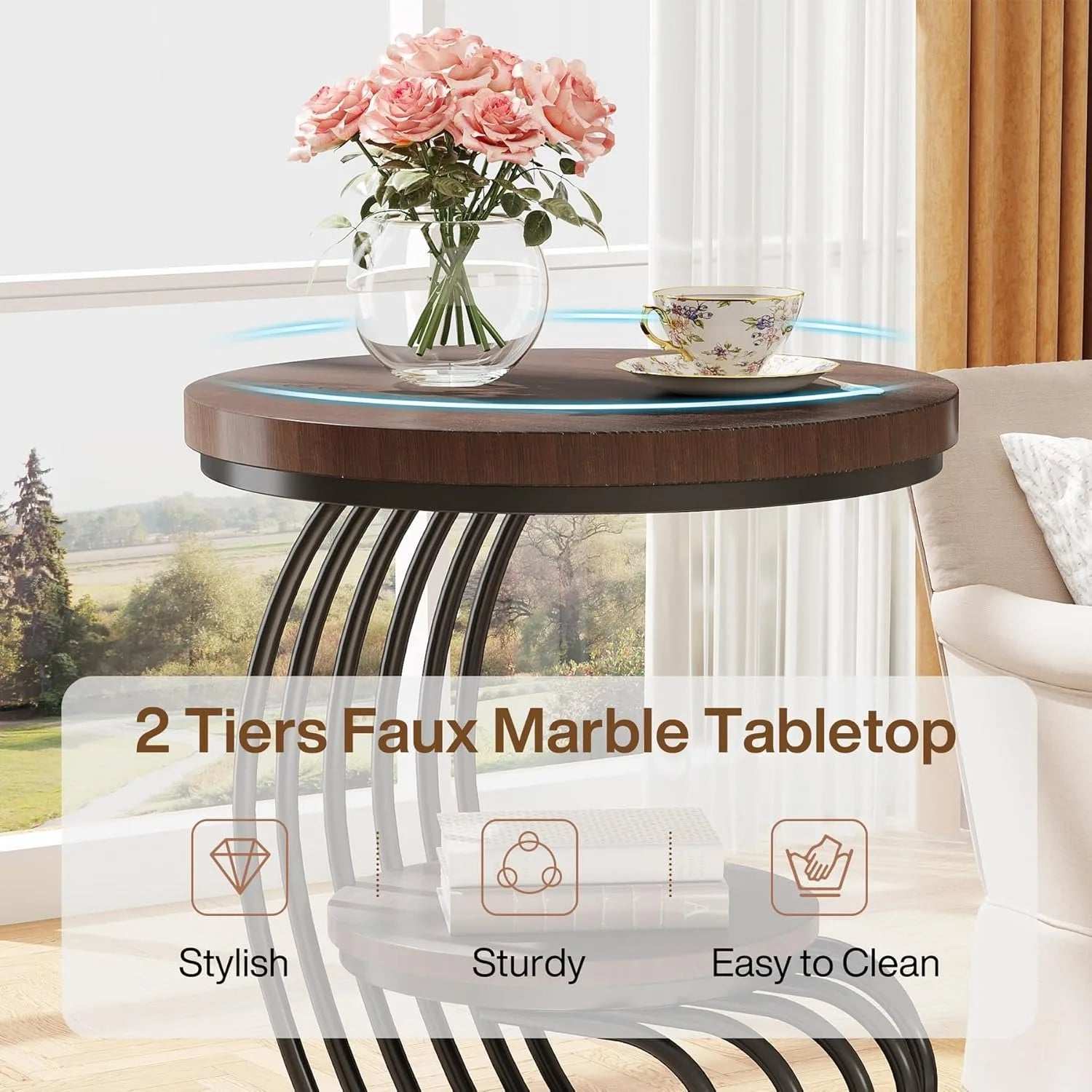 Round End Side Table: Side Table with 2 Tiers Storage Shelves, Small Bedside Table Accent Table with Arc-Shaped Frame