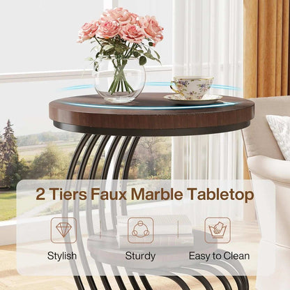 Round End Side Table: Side Table with 2 Tiers Storage Shelves, Small Bedside Table Accent Table with Arc-Shaped Frame