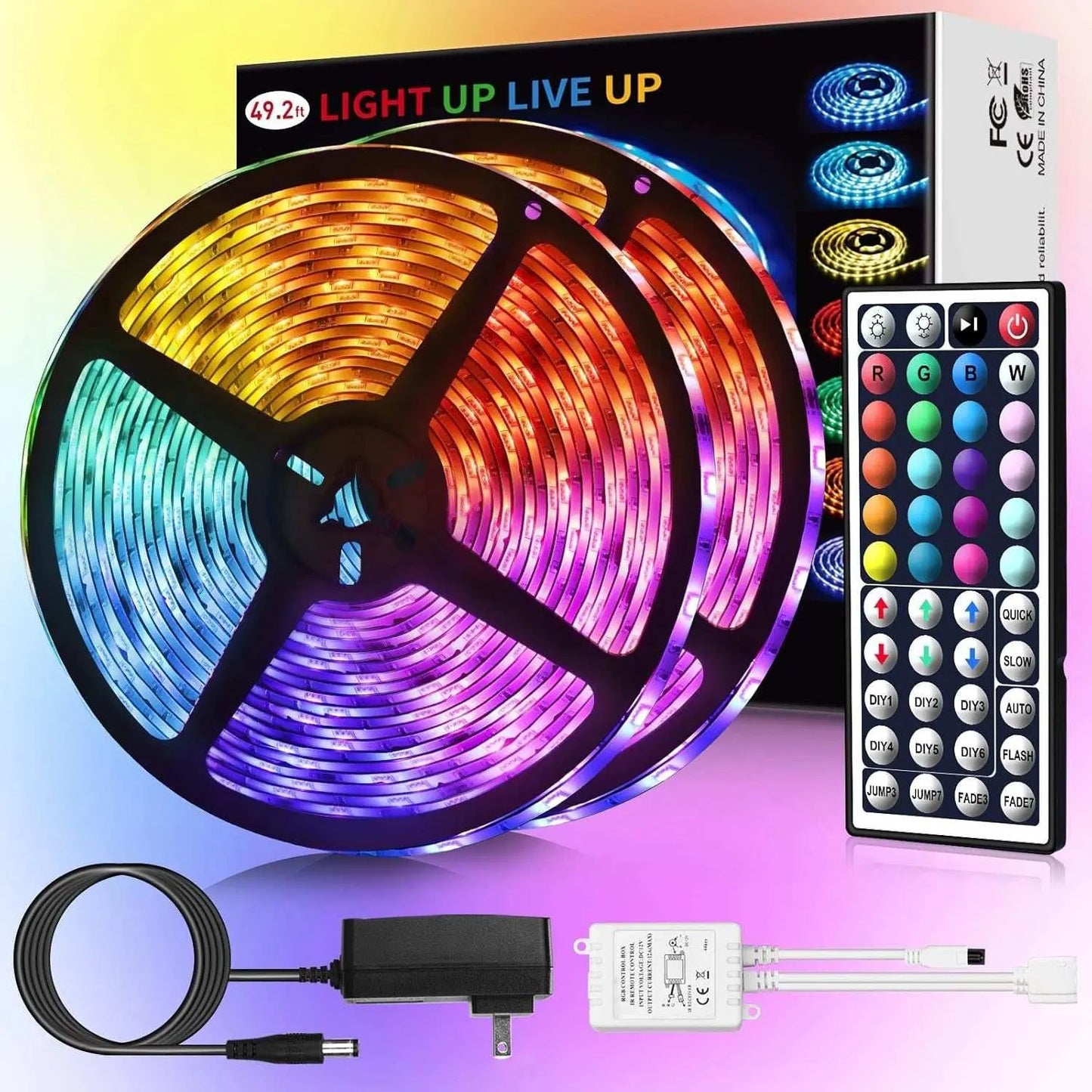 IP65 waterproof 49.2ft RGB LED strip lights with remote control, multi-color options, flexible cuttable design, and 3M adhesive for indoor and outdoor use.