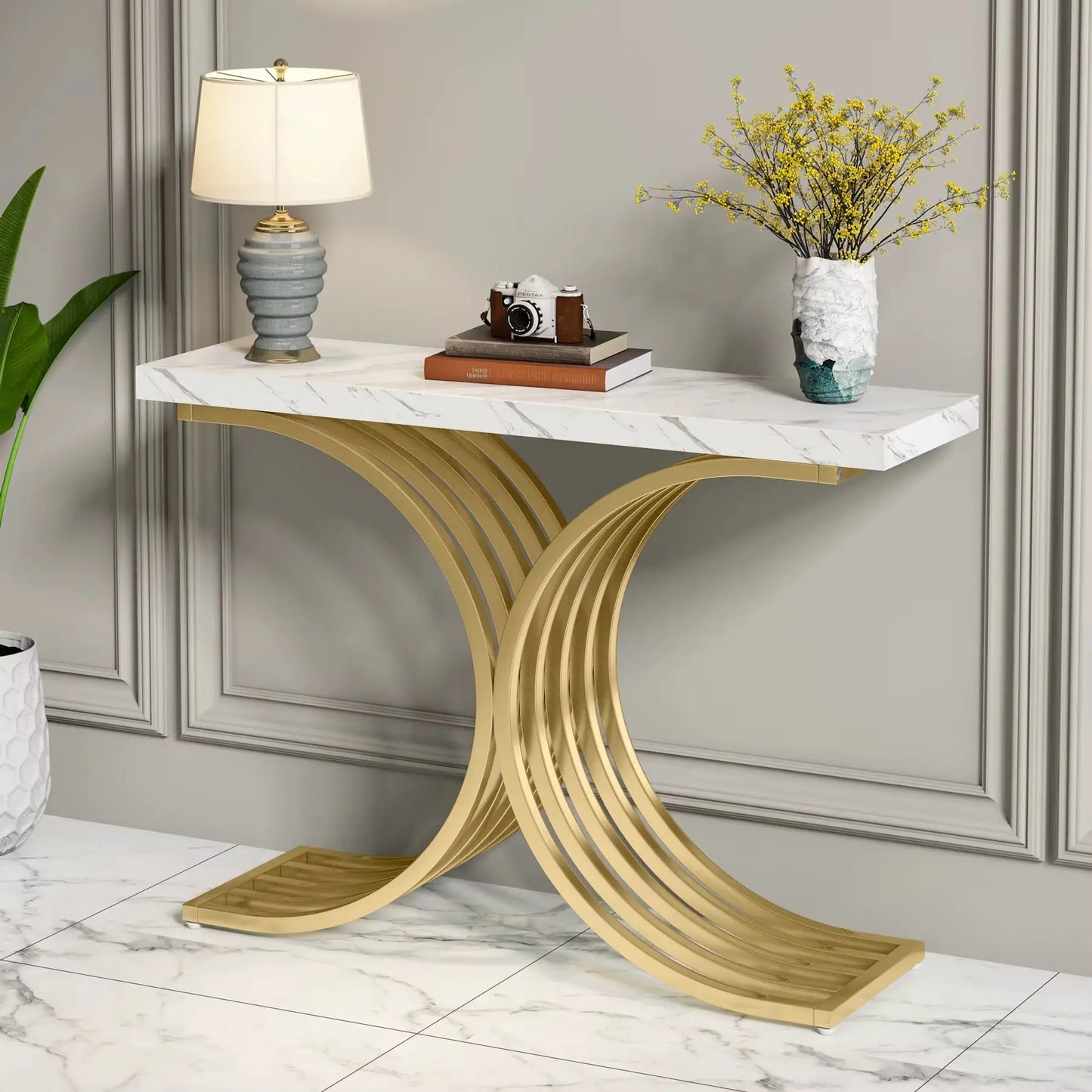 Gold Entryway Table, Modern 39-Inch Console Faux Marble Narrow Wood Sofa with Geometric Metal Legs