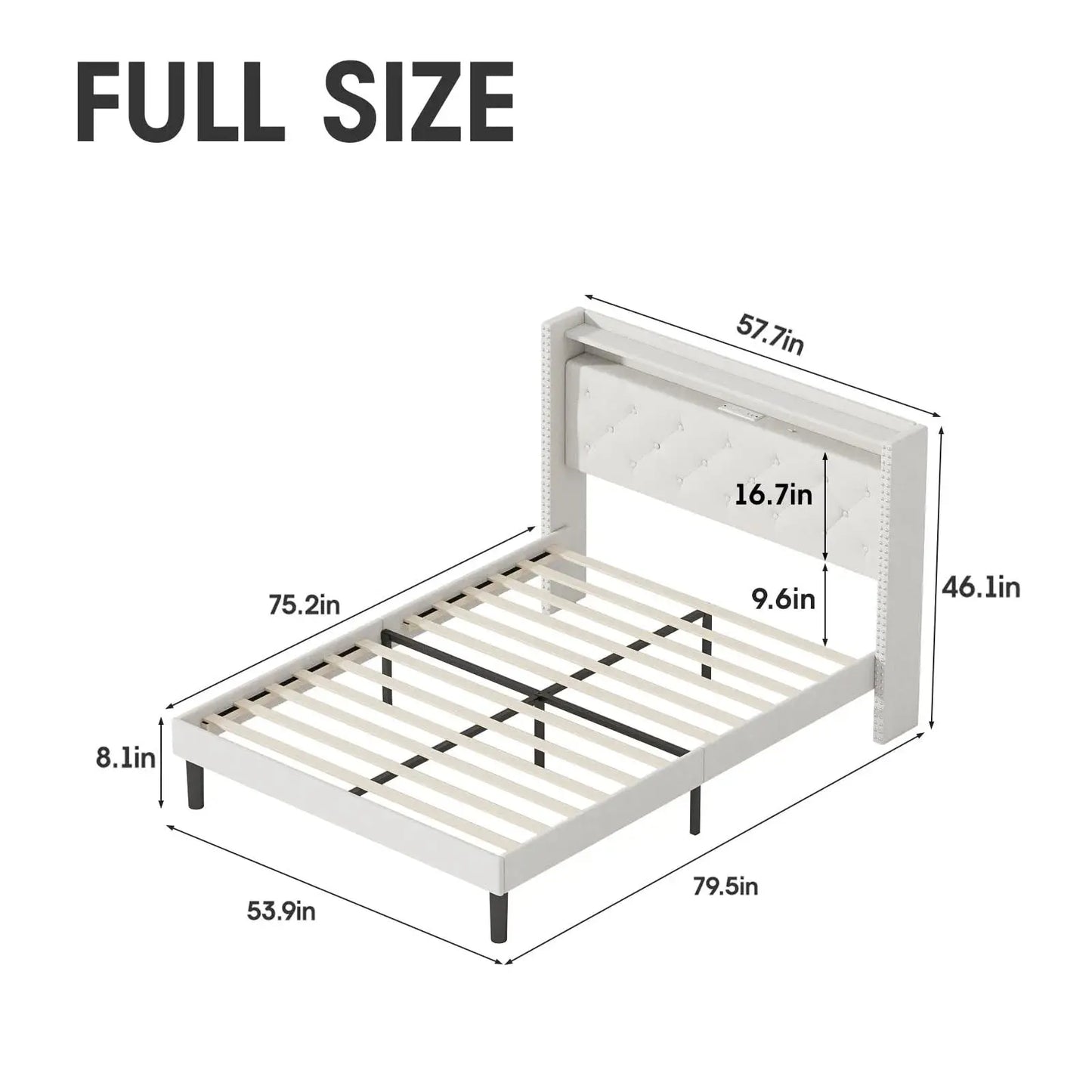 Queen Size Bed Frame with Headboard Upholstered Platform Bed Frame with Power Outlet&Led Bed Frame with Wingback Storage