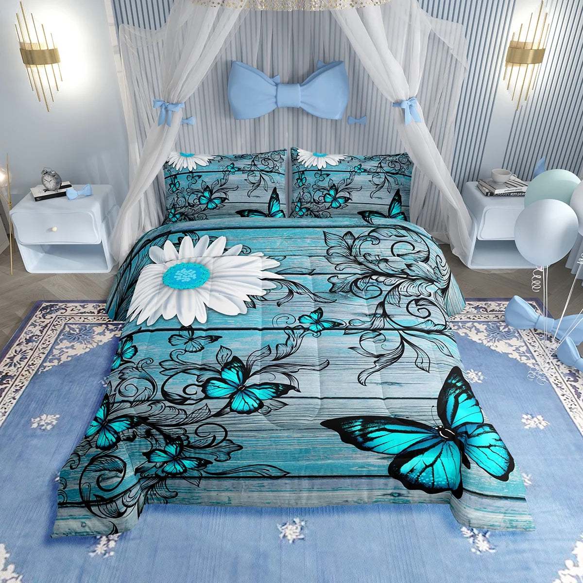 Butterfly bedding set with turquoise butterflies and floral design on a rustic wooden pattern comforter and matching pillowcases in a serene blue bedroom.