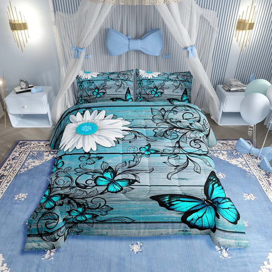 Butterfly bedding set with turquoise butterflies and floral design on a rustic wooden pattern comforter and matching pillowcases in a serene blue bedroom.