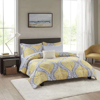 Yellow Damask Bed in a Bag bedding set with vibrant yellow and gray damask pattern on comforter, sheets, shams, and decorative pillow in a modern bedroom setting