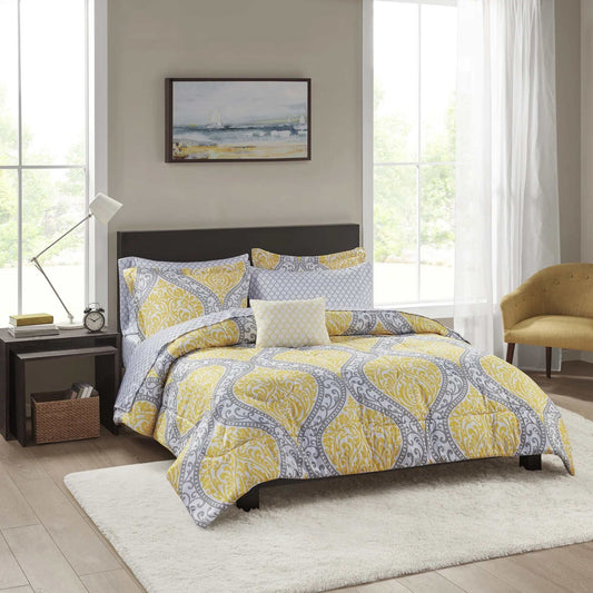 Yellow Damask Bed in a Bag bedding set with vibrant yellow and gray damask pattern on comforter, sheets, shams, and decorative pillow in a modern bedroom setting