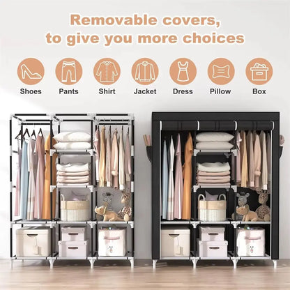 Portable Closet Large Wardrobe Closet Clothes Organizer with 6 Storage Shelves, 2 Hanging Sections 4 Side Pockets