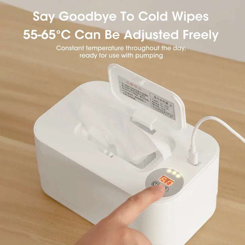 White portable baby wipe warmer with LED display, USB charging, and adjustable temperature for home and car use.