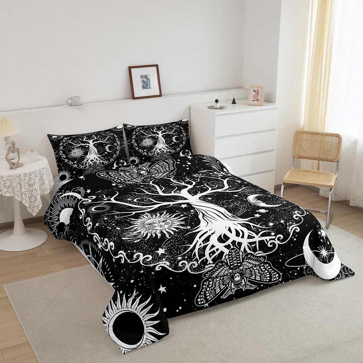 Sun and Moon Comforter Set Full, Tree of Life Bedding Sets 3Pcs Gothic Moth Duvet Sets Sugar Skull Quilt Trippy Glitter Stars Duvet Insert, Bohemian Constellations Bedroom Decor All-Season