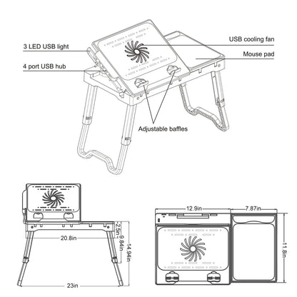 1Pc Foldable Laptop Table Bed Notebook Desk with Cooling Fan Mouse Board LED Light 4 USB Ports Breakfast Snacking Tray with Storage Groove for Home Office Use