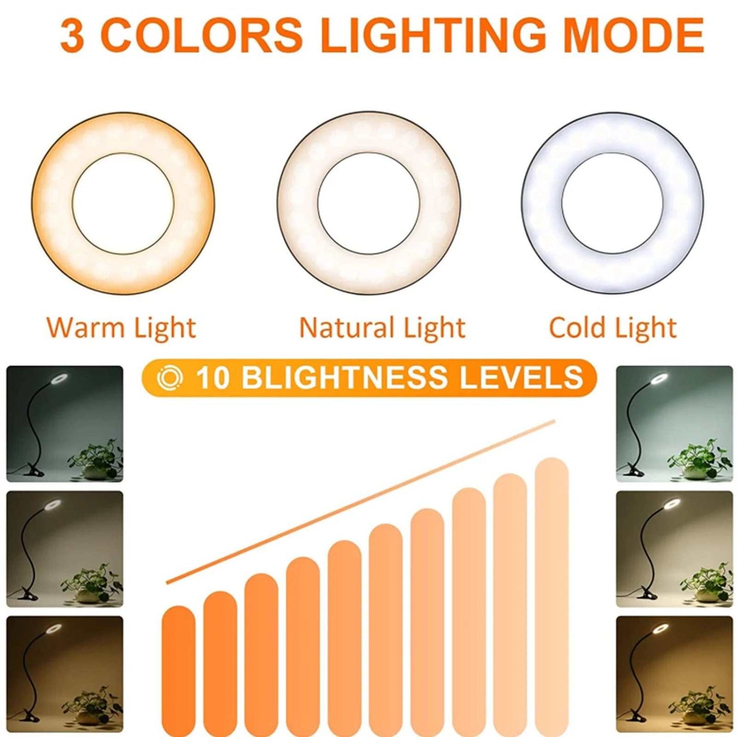 Clip on Light Reading Lights , 48 LED USB Desk Lamp with 3 Color Modes 10 Brightness, Flexible USB Clamp Bedside Lamp, Eye Caring Book Light for Studying/Working/Gaming (Black)