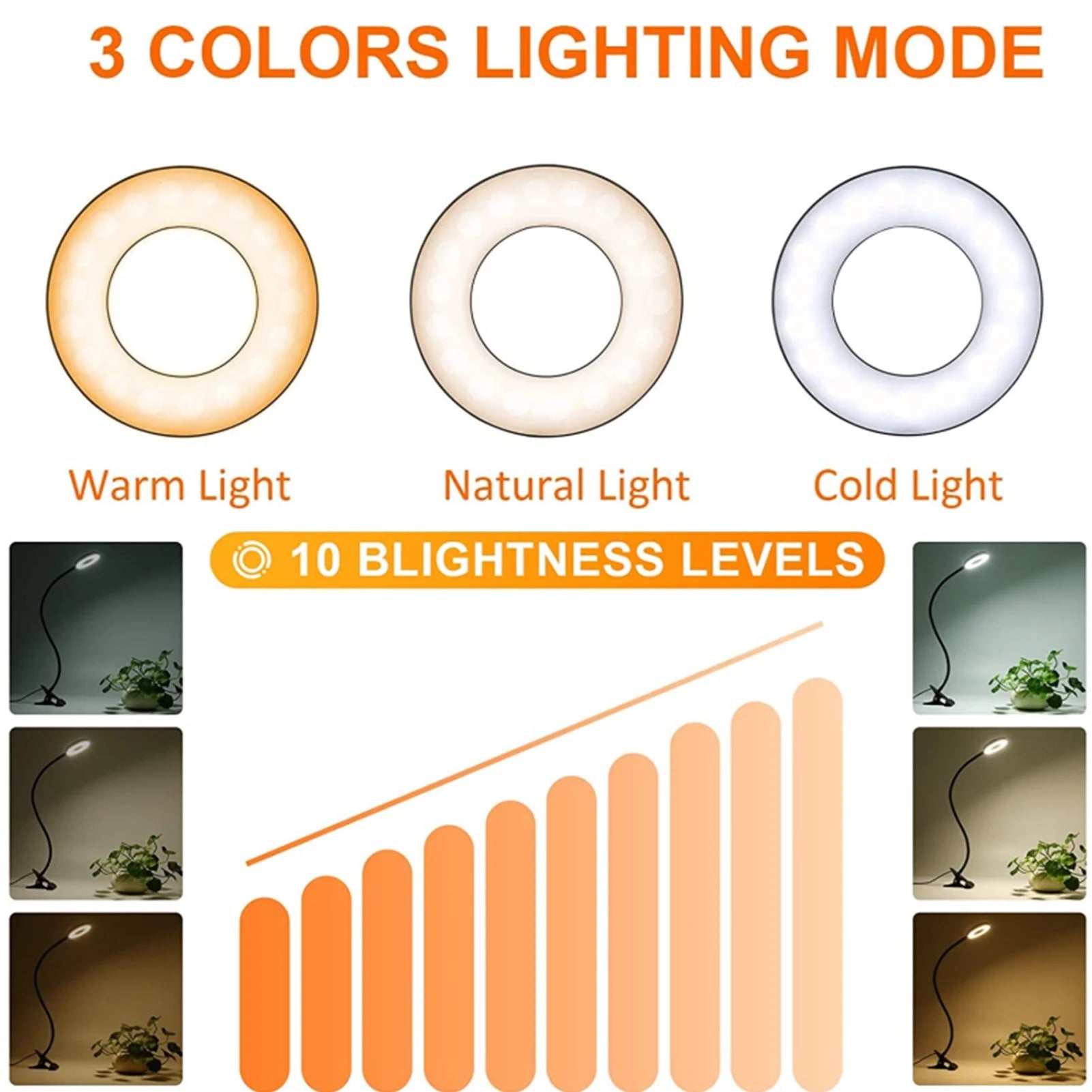 Clip on Light Reading Lights , 48 LED USB Desk Lamp with 3 Color Modes 10 Brightness, Flexible USB Clamp Bedside Lamp, Eye Caring Book Light for Studying/Working/Gaming (Black)
