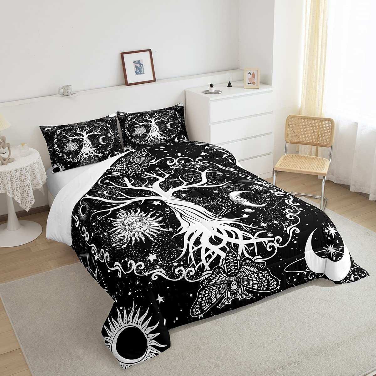 Sun and Moon Comforter Set Full, Tree of Life Bedding Sets 3Pcs Gothic Moth Duvet Sets Sugar Skull Quilt Trippy Glitter Stars Duvet Insert, Bohemian Constellations Bedroom Decor All-Season