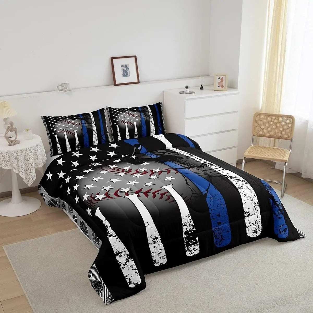 Baseball Bedding Set Twin,Grunge Style Baseball Bat Basketball Softball Comforter Set Bedroom Decor,American Flag Stars Quilted Duvet,Ball Sports Game down Comforter Warm,White Blue