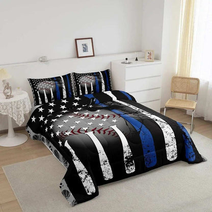 Baseball Bedding Set Twin,Grunge Style Baseball Bat Basketball Softball Comforter Set Bedroom Decor,American Flag Stars Quilted Duvet,Ball Sports Game down Comforter Warm,White Blue