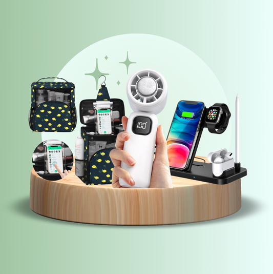 Move-In Max offer starter kit with portable fan, smartphone and smartwatch stand, travel organizer bag, and tech accessories on wooden platform