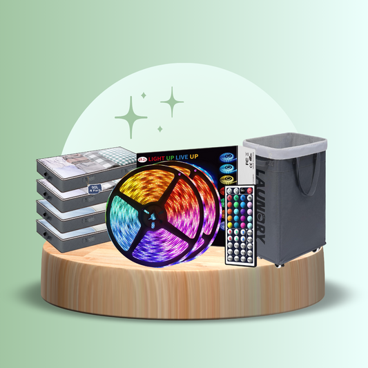 Dorm Essentials Starter Kit with storage bins, LED light strip with remote, and collapsible laundry basket for dorm room organization and comfort