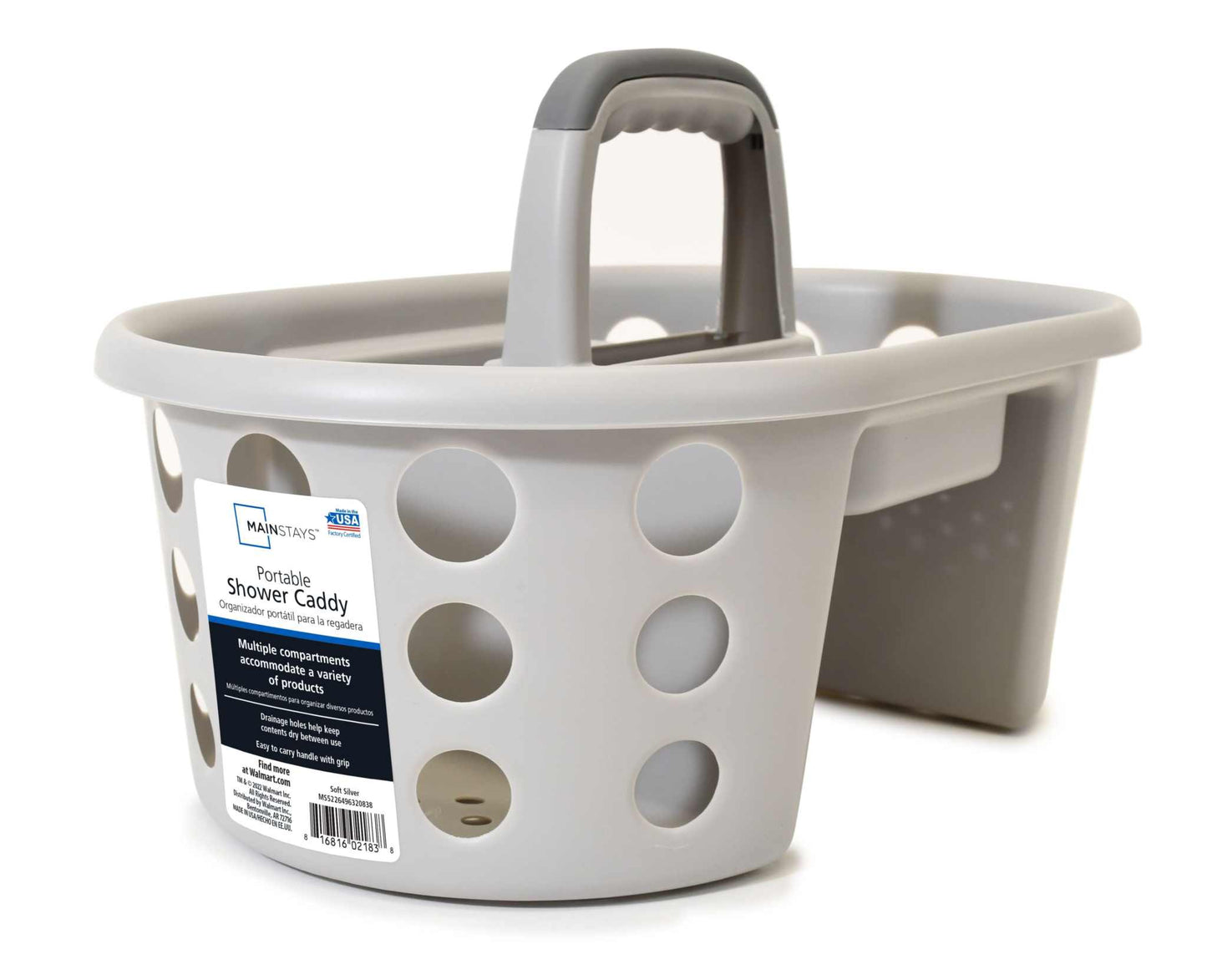 Gray MS Portable Shower caddy with handle and multiple circular compartments for organizing shower essentials.