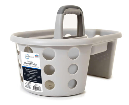 Gray MS Portable Shower caddy with handle and multiple circular compartments for organizing shower essentials.
