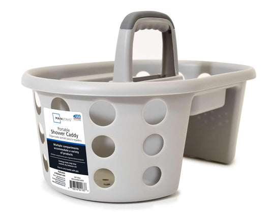 Gray MS Portable Shower caddy with handle and multiple circular compartments for organizing shower essentials.