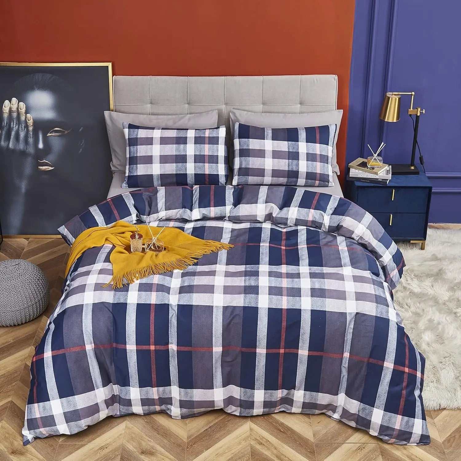 Navy Blue Plaid Queen Duvet Cover Set 3Pcs Tartan Bedding Sets Geometric Bedding Duvet Cover Sets Checker Buffalo Bedding with 2 X Pillow Cases
