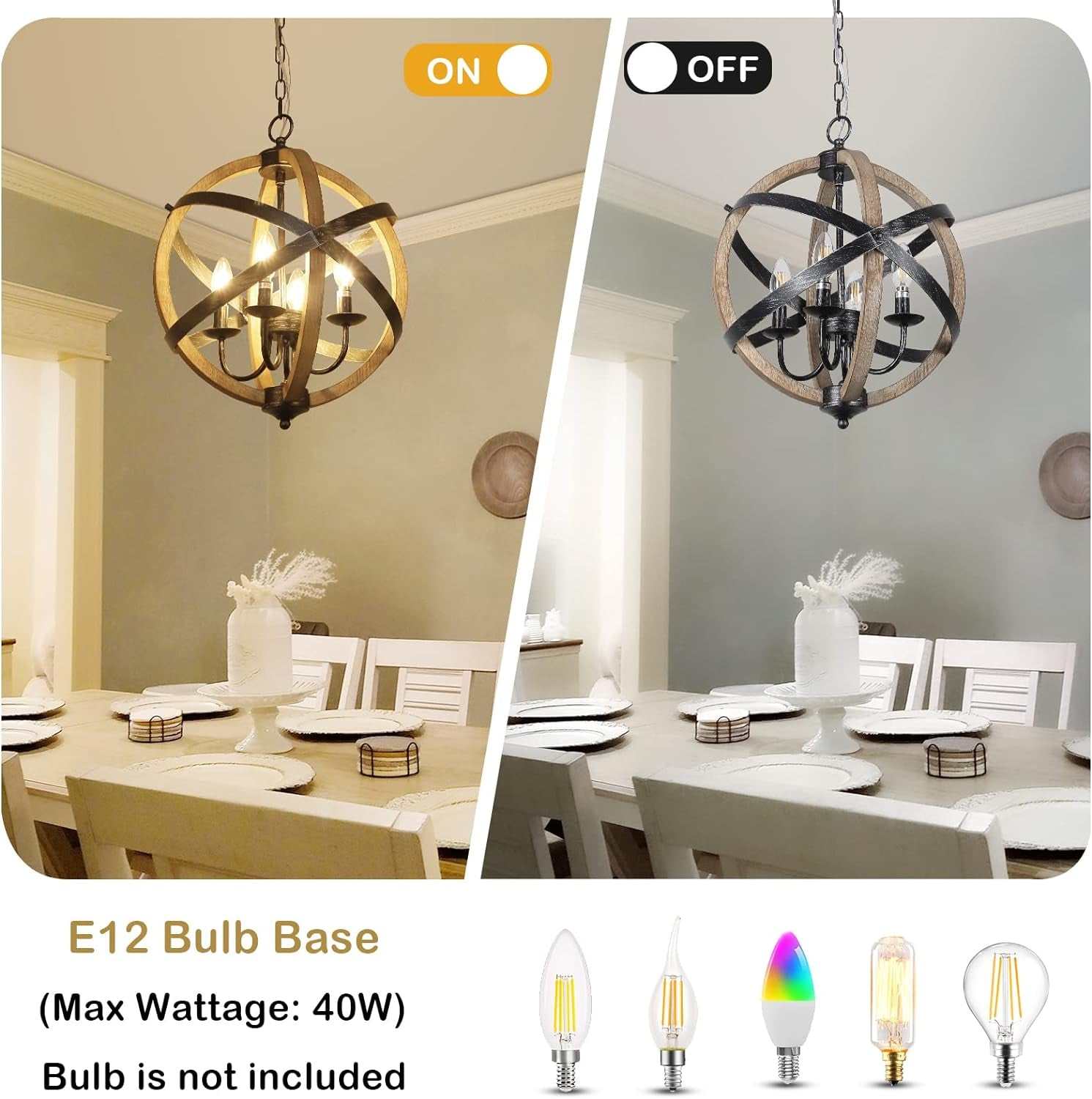 Rustic farmhouse chandelier lamp with adjustable height and wood-metal frame, shown lit and unlit above dining table