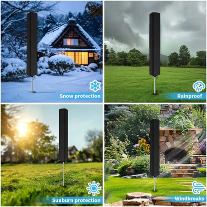 Black waterproof rotary outdoor umbrella clothes drying rack cover protecting from snow, rain, sun, and wind with zip closure and tear-resistant fabric