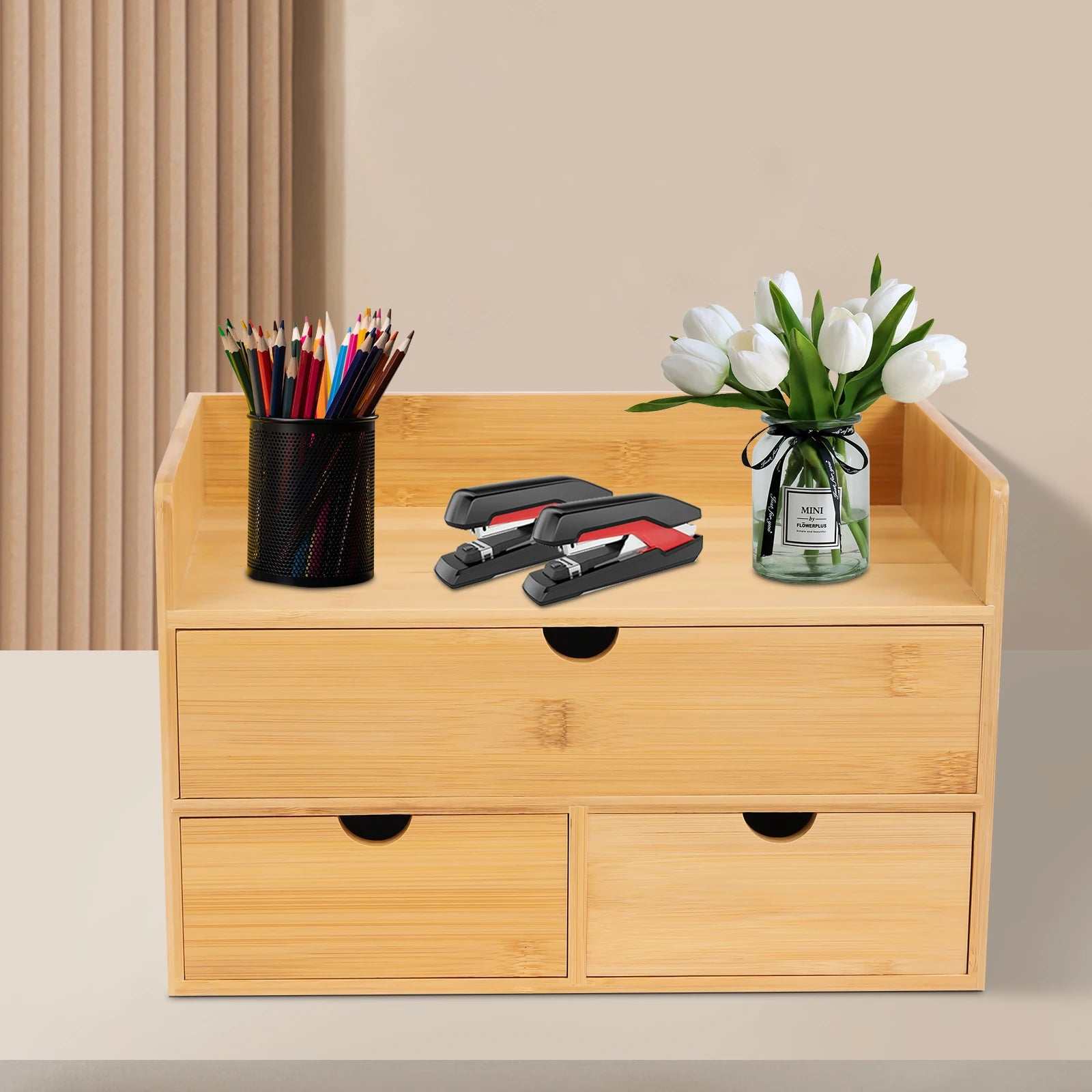 Natural bamboo floating shelves with storage basket and three drawers, wall-mounted wood organizer with stationery and flowers on top, modern desk organizer
